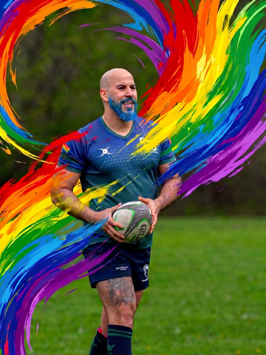 Rugby player with rainbow wave